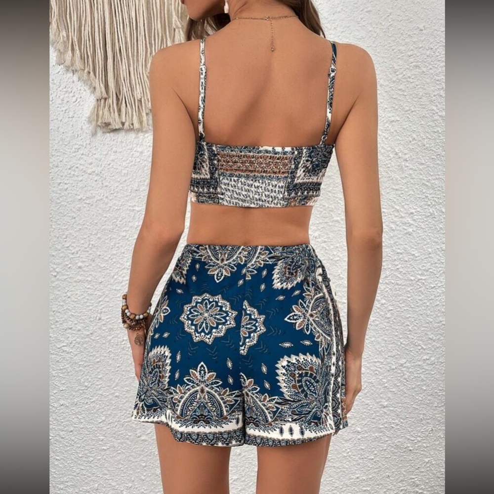 Boho floral paisley print knot front top and shorts set - Picture 2 of 6